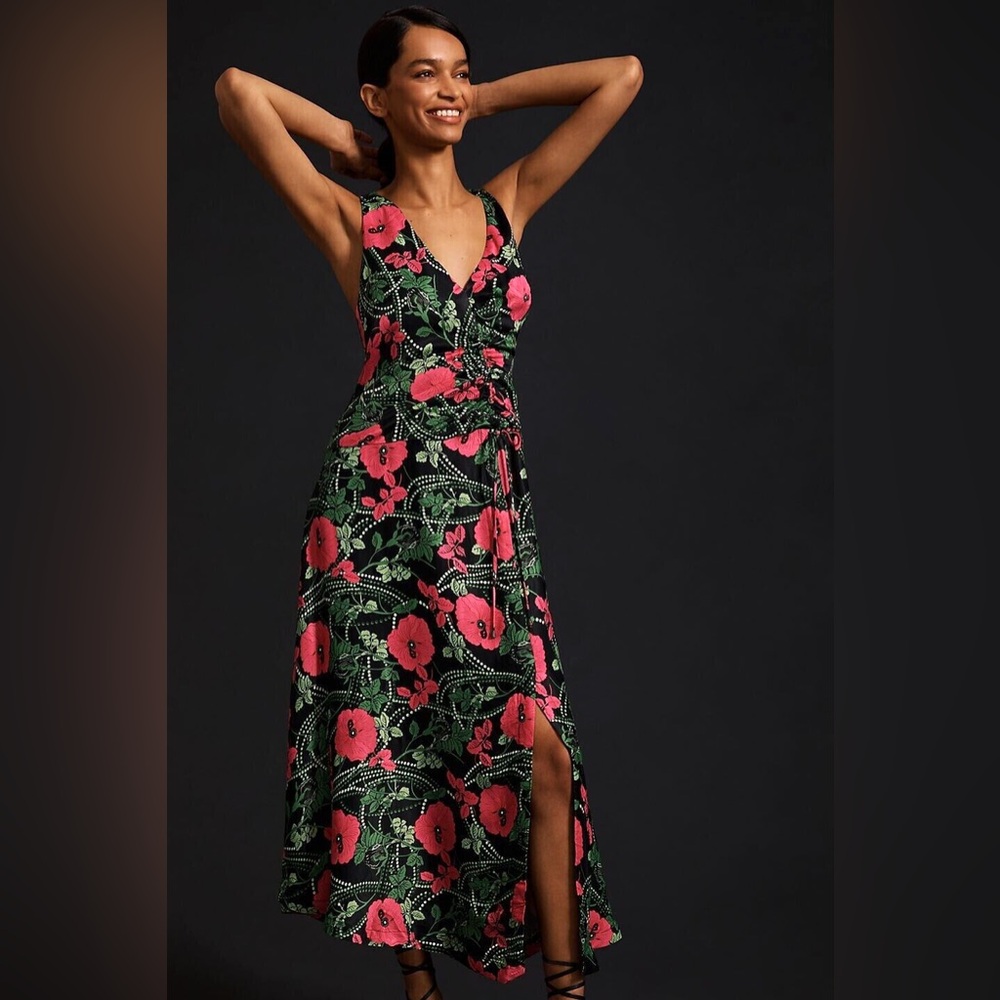 Maeve Black and Pink Floral Midi Dress